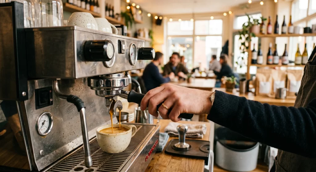 Tarladan fincana. Barista tarafından hazırlanan espresso ve kahve servisi