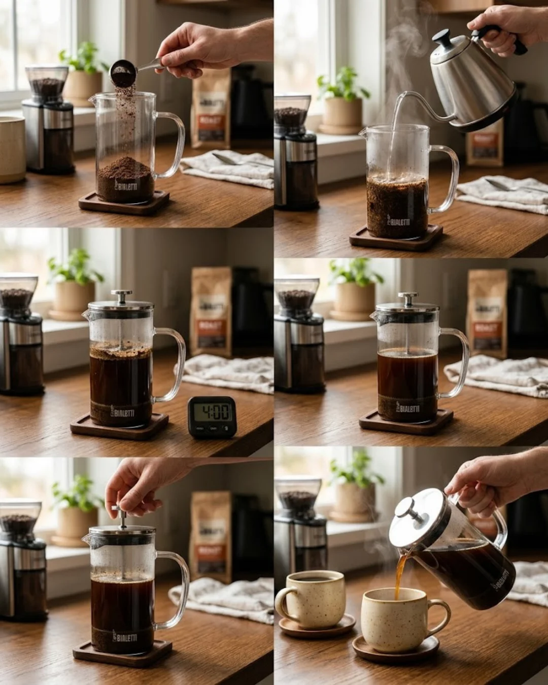 French press kahve genellikle 4 dakika boyunca demlenir. Doğru demleme süresi, kahvenin gövdesini ve aroma dengesini korumaya yardımcı olur.