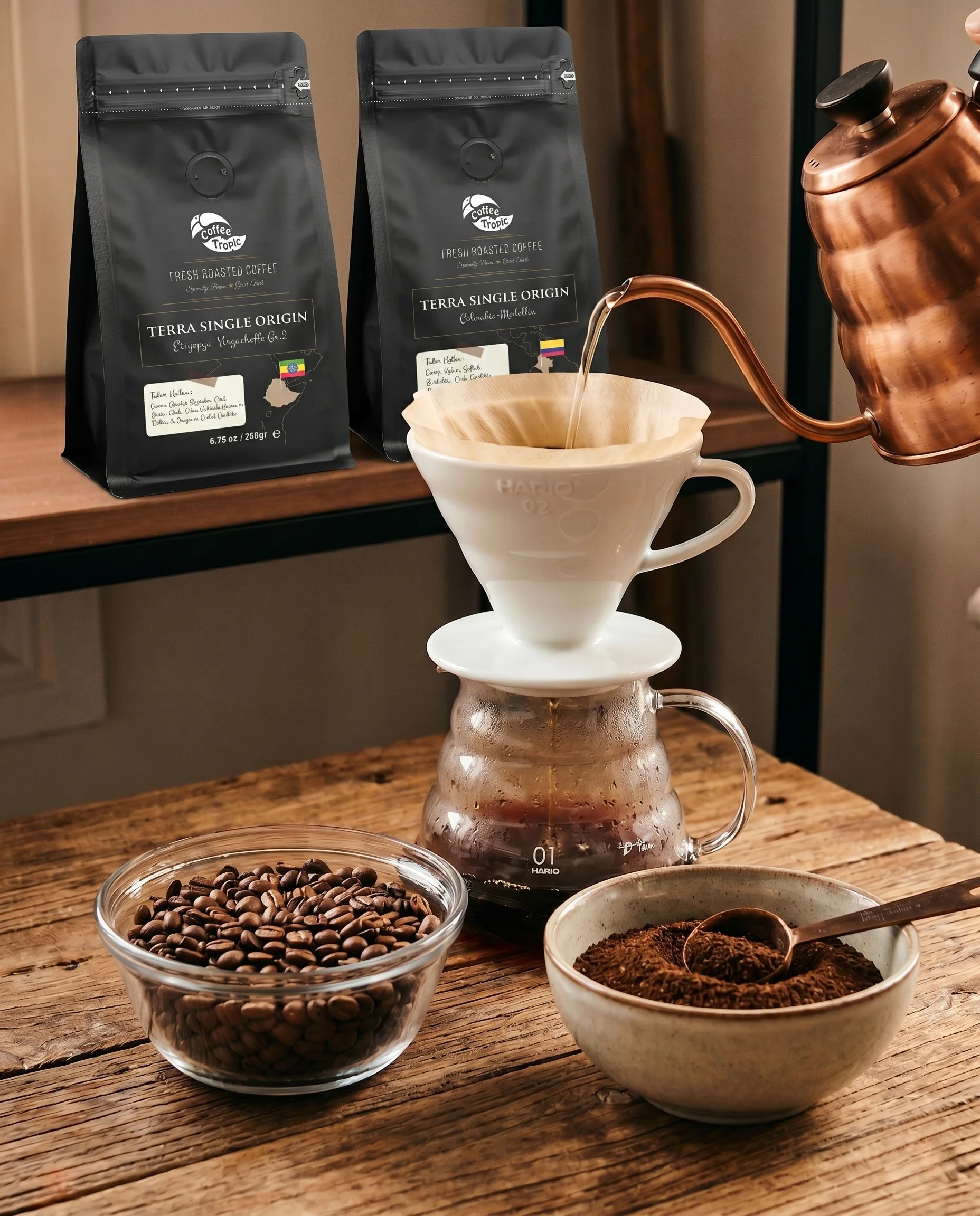 V60 demleme için uygun orta kavrum ve tek kökenli kahve çekirdekleri