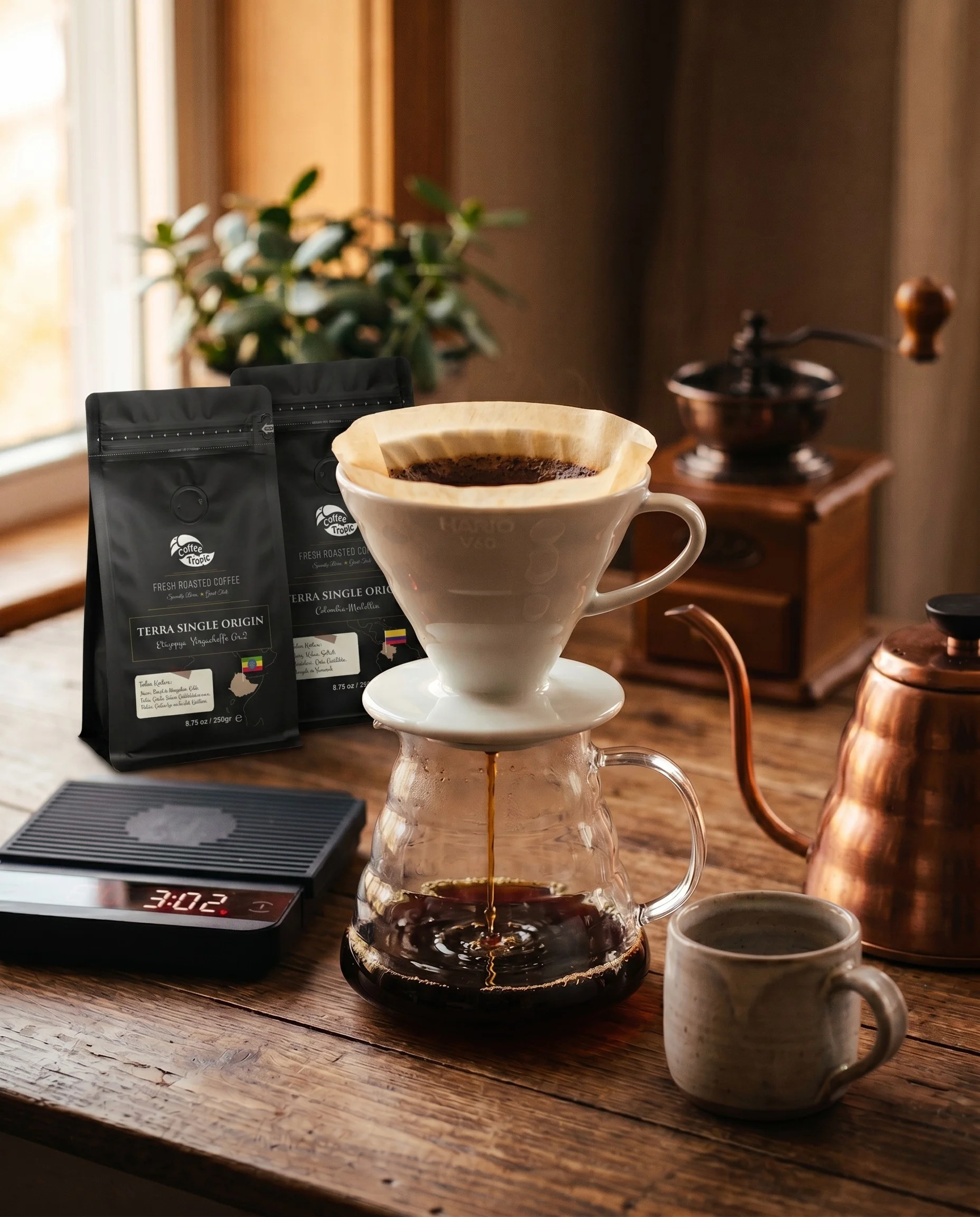 V60 kahvenin yaklaşık 3 dakikada demlenmesi