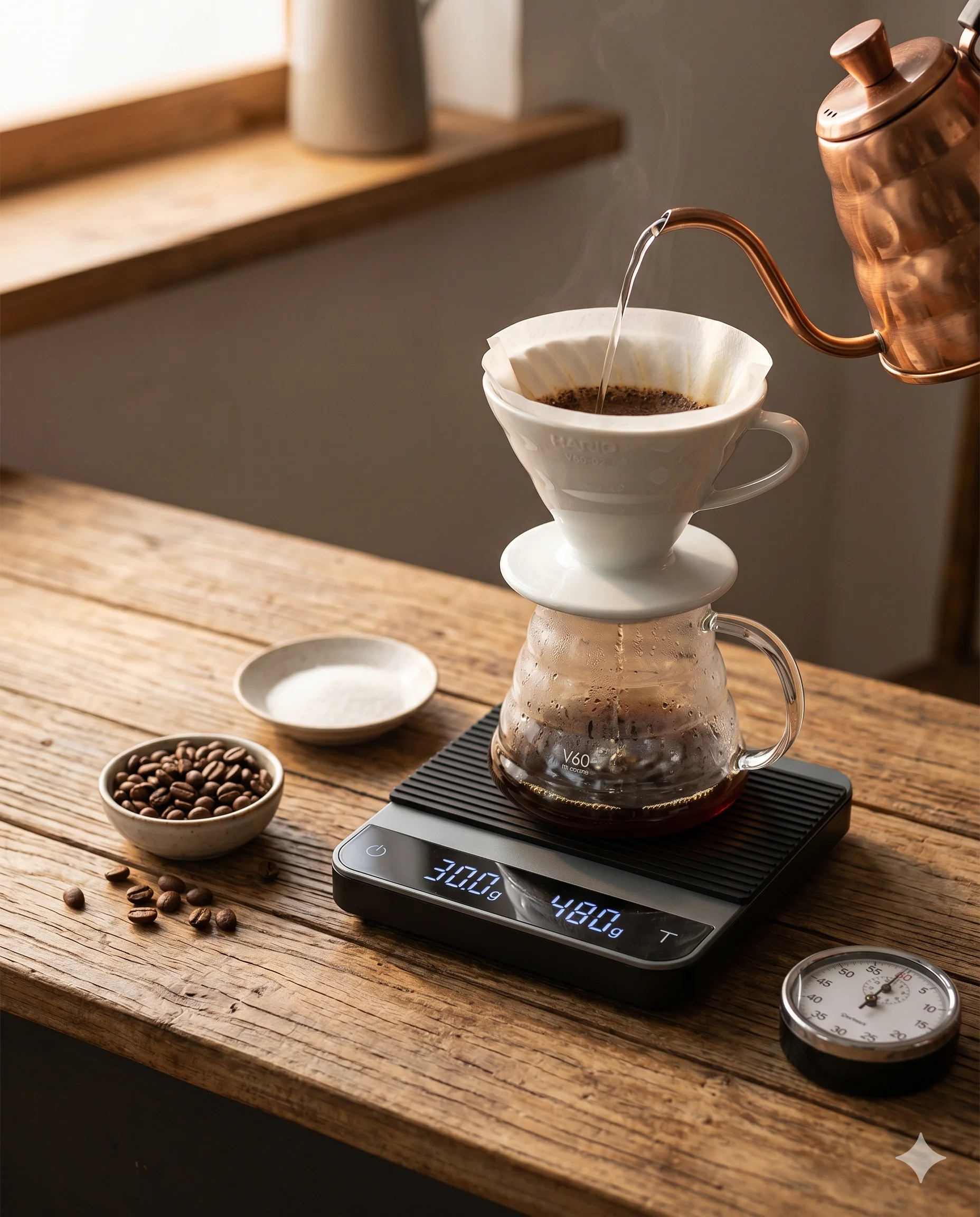 V60 için kahve ve su oranının ölçülmesi