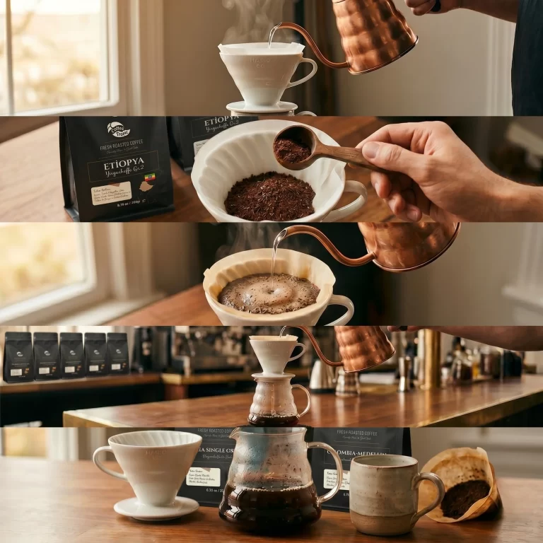 V60 kahve yapımının adım adım gösterildiği demleme süreci