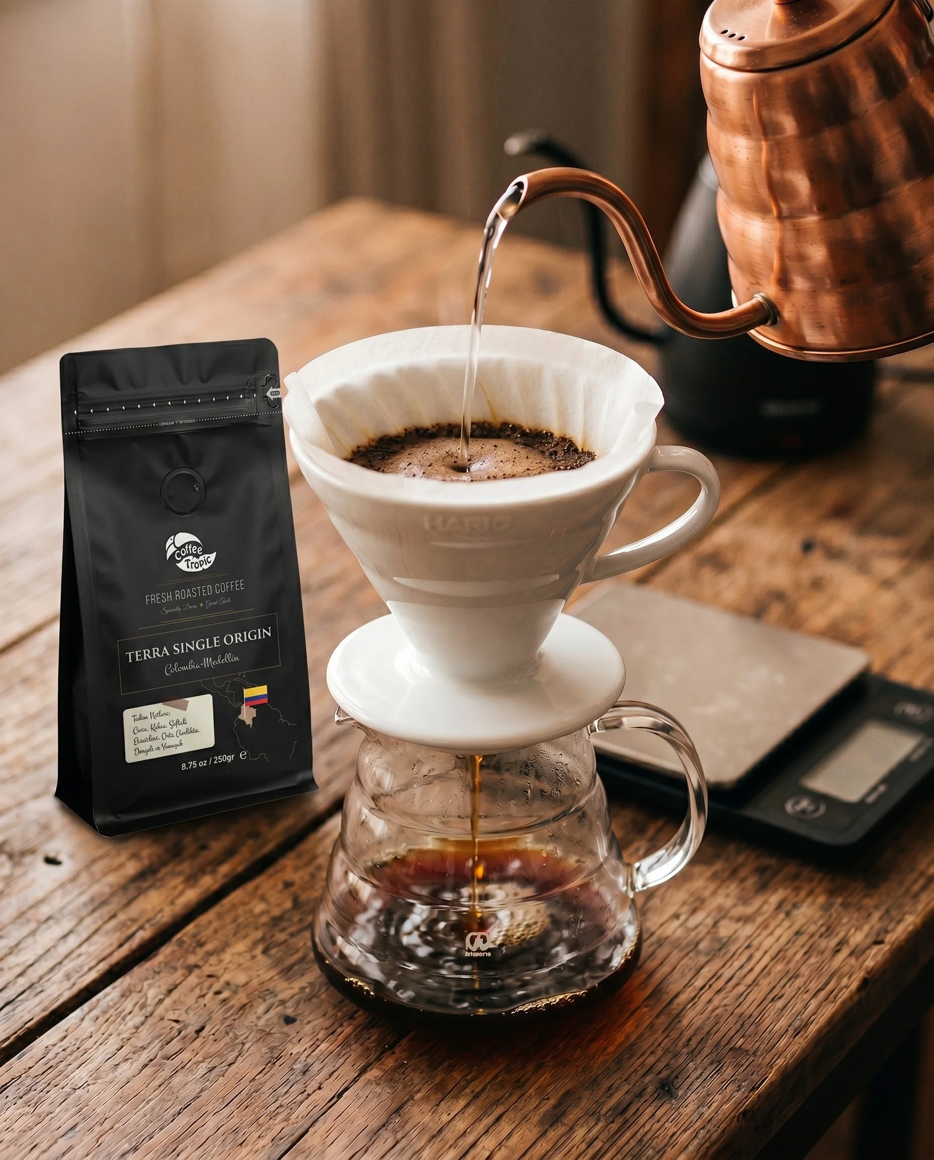 V60 kahve demleme ekipmanı ve spiral yapılı dripper