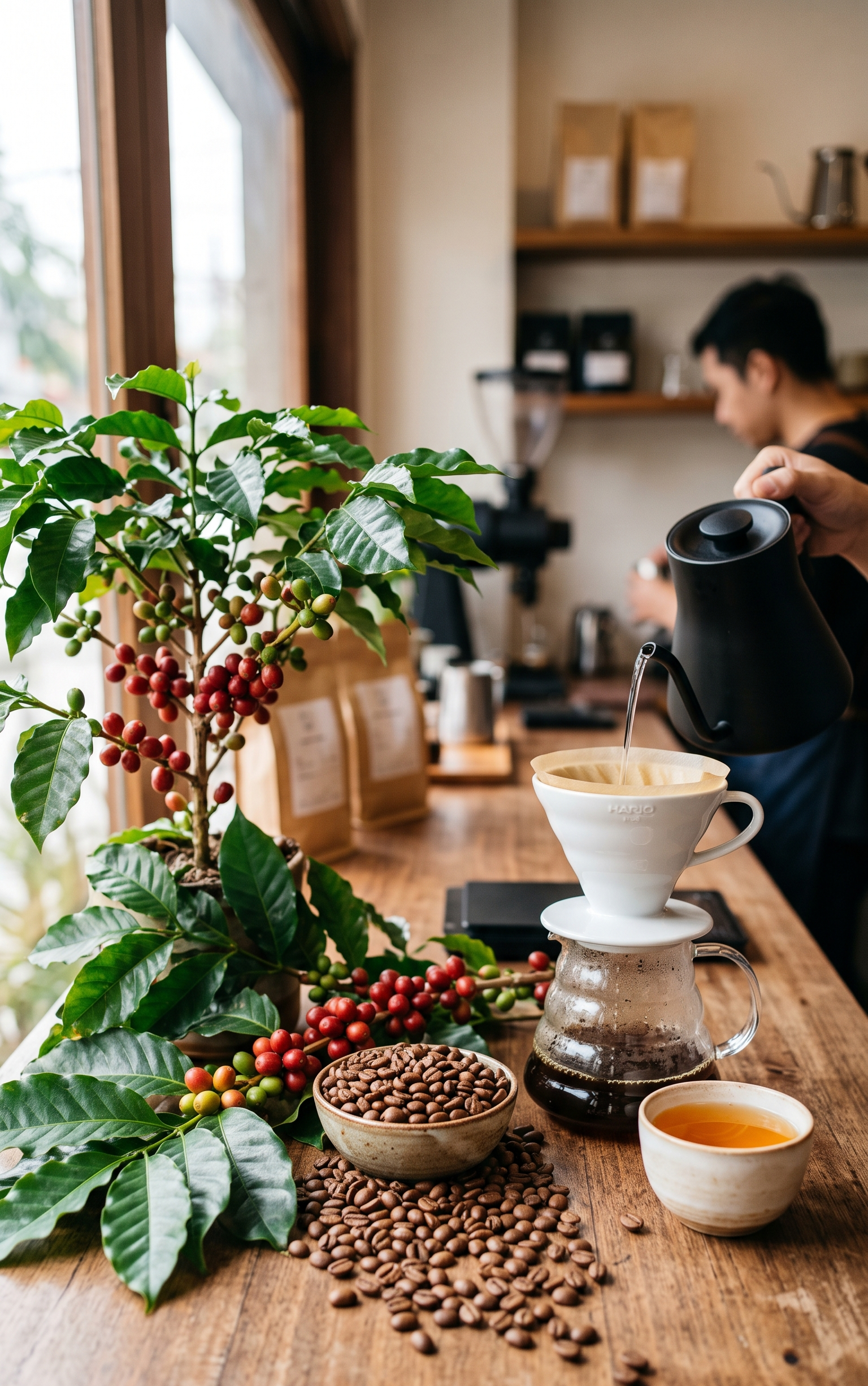 Arabica kahve çekirdekleri ve V60 kahve sunumu