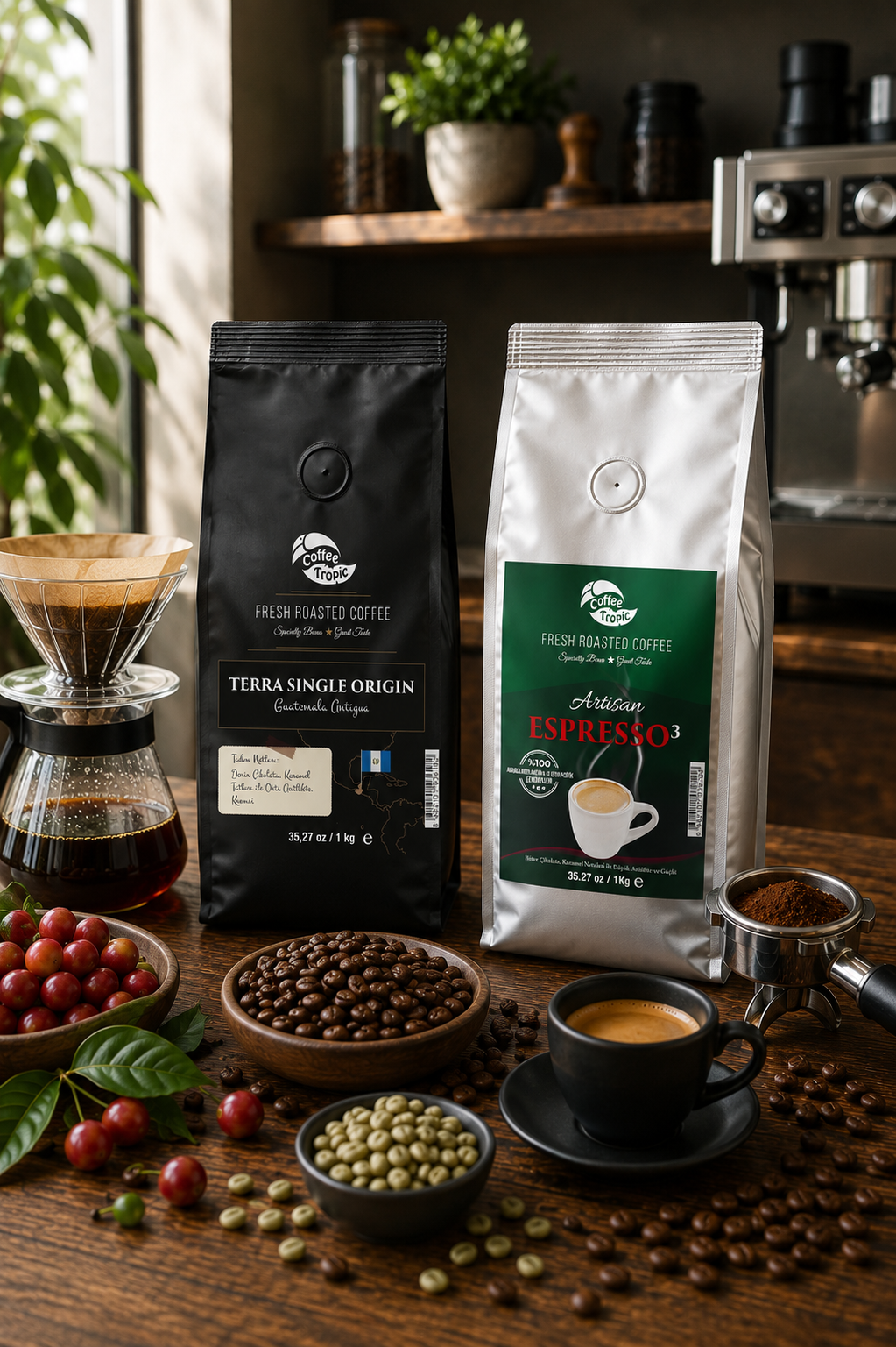 CoffeeTropic'in Single Origin ve Blend kahve çeşitlerini temsil eden görsel