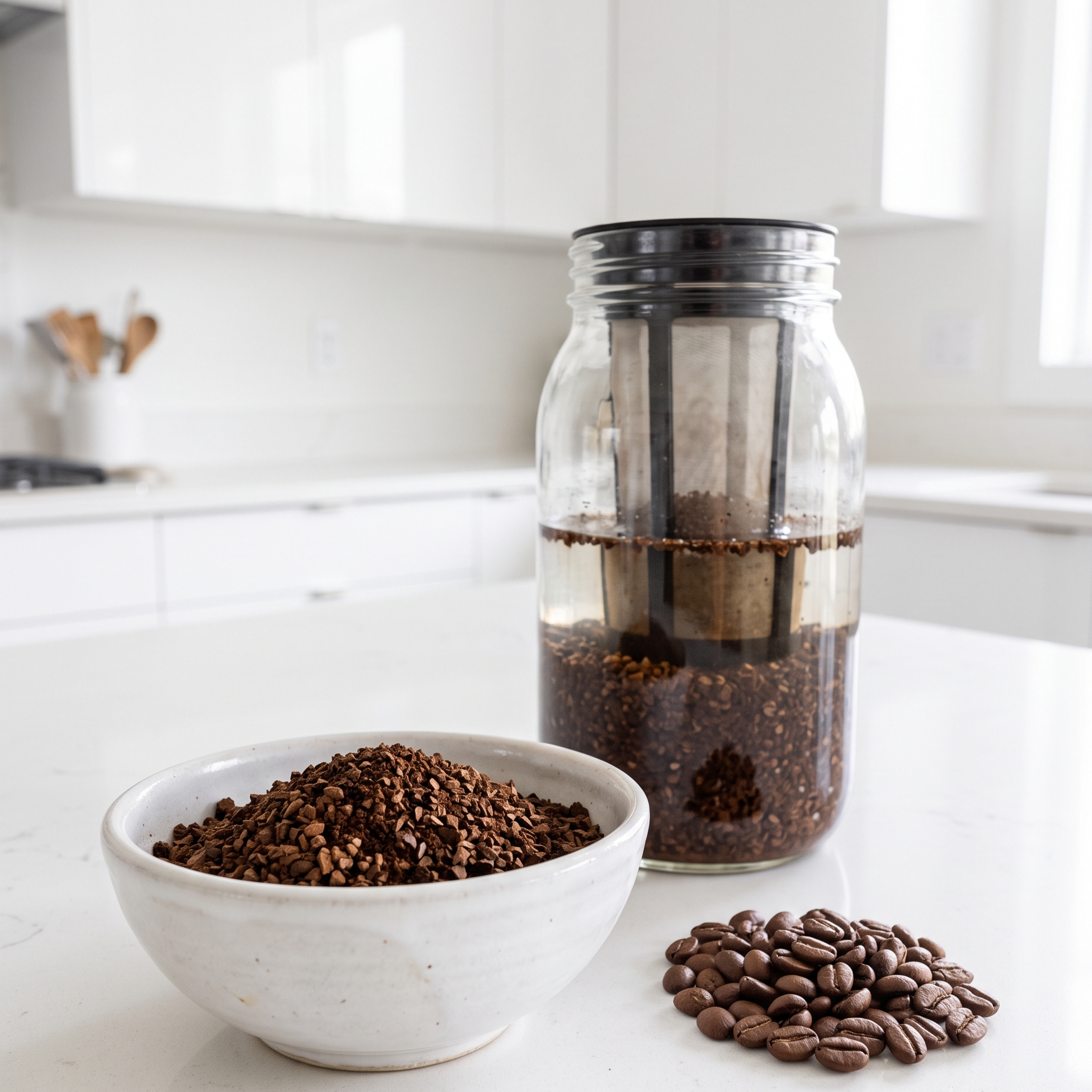 Cold brew için kalın öğütülmüş kahve ve kahve çekirdekleri