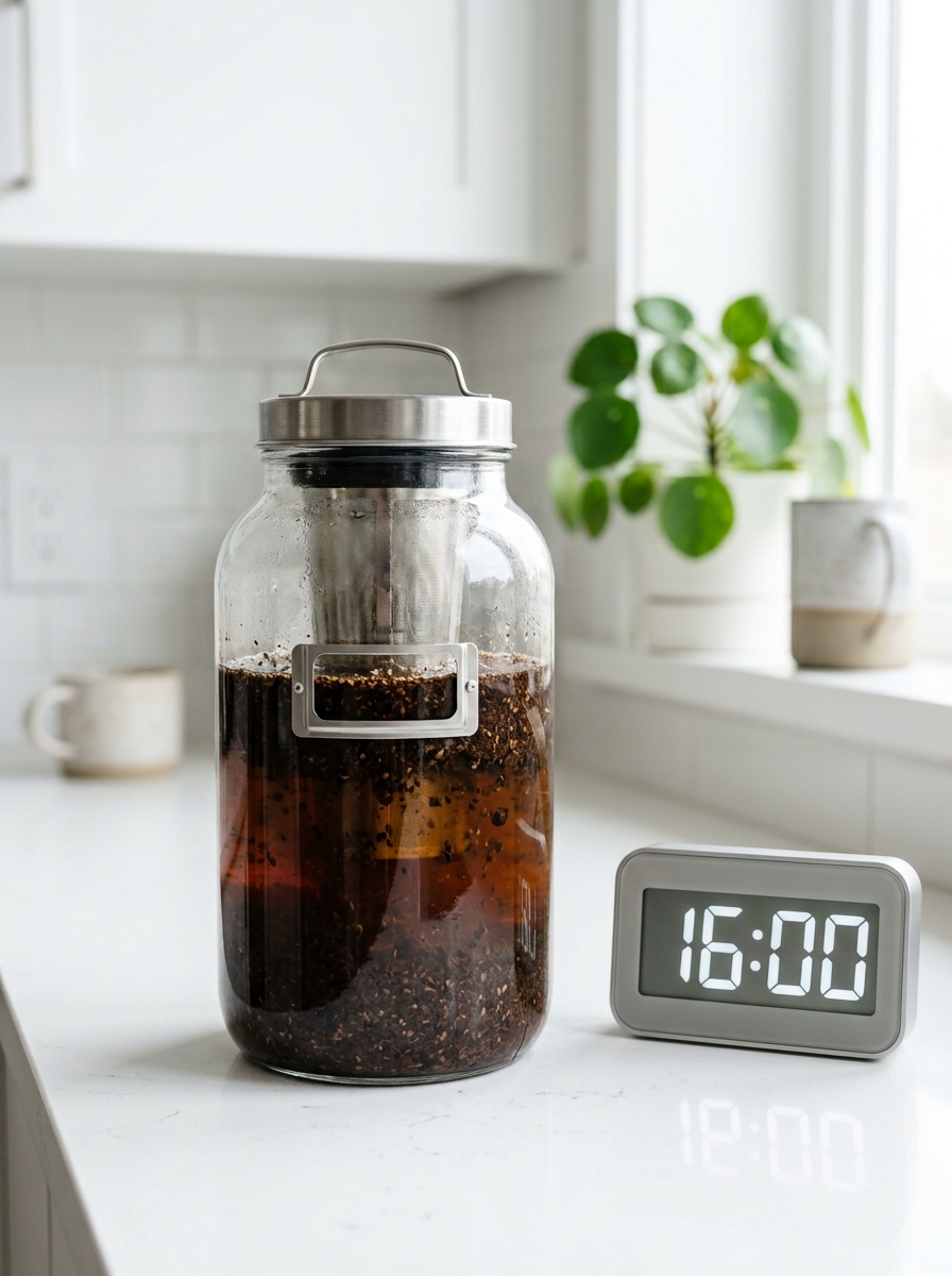 Cold brew kahvenin uzun süre demlenmesini gösteren kavanoz ve saat