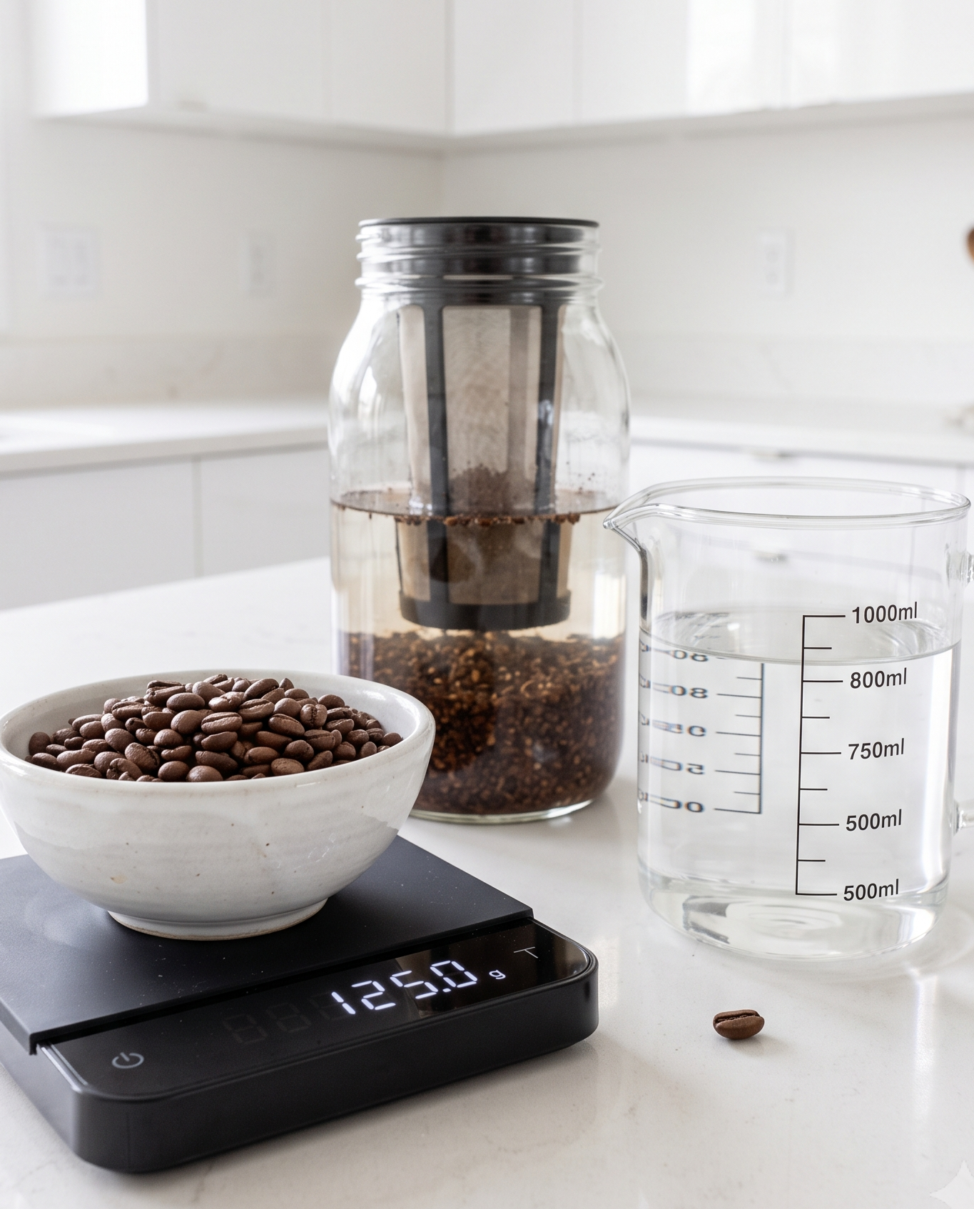 Cold brew için kahve ve su oranının ölçülmesi