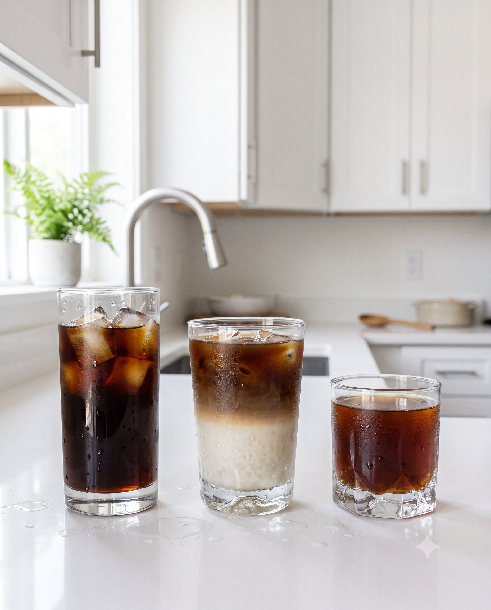 Buzlu, sütlü ve sade cold brew kahve sunumları