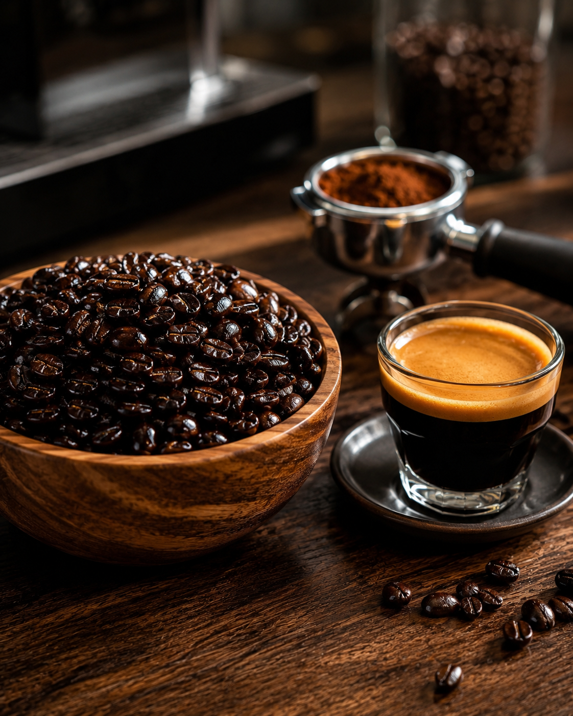 Koyu kavrum kahve çekirdekleri ve espresso sunumu