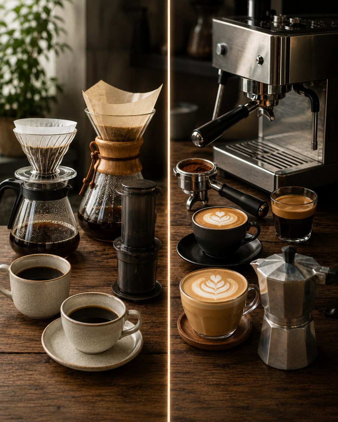 Single Origin ve Blend kahveler için önerilen demleme yöntemlerini gösteren görsel