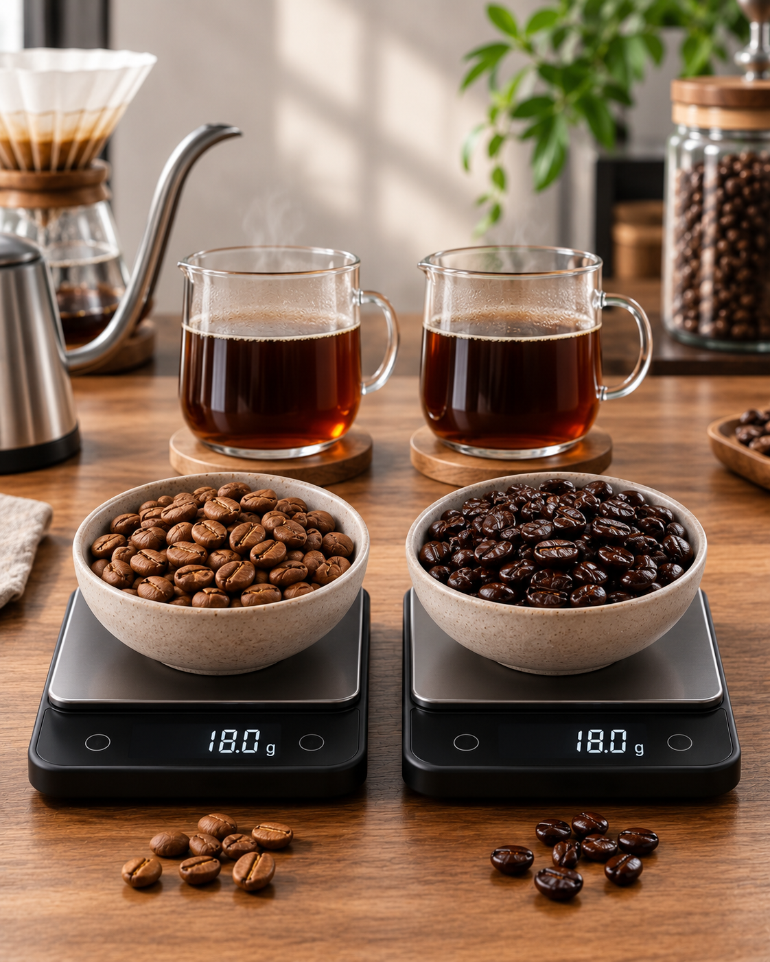 Light roast ve dark roast kahvelerin kafein karşılaştırmasını anlatan görsel