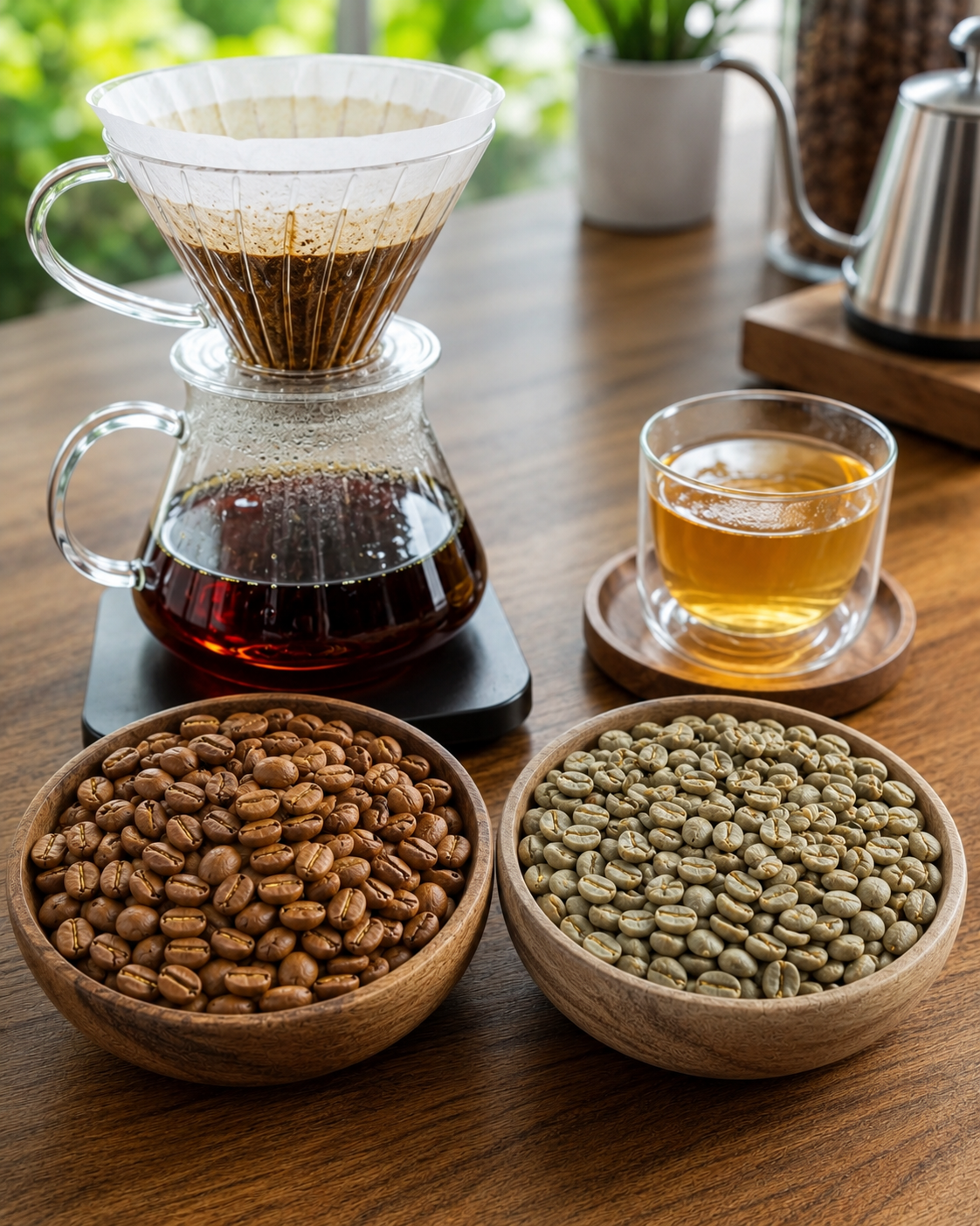 Açık kavrum kahve çekirdekleri ve filtre kahve demleme ekipmanı