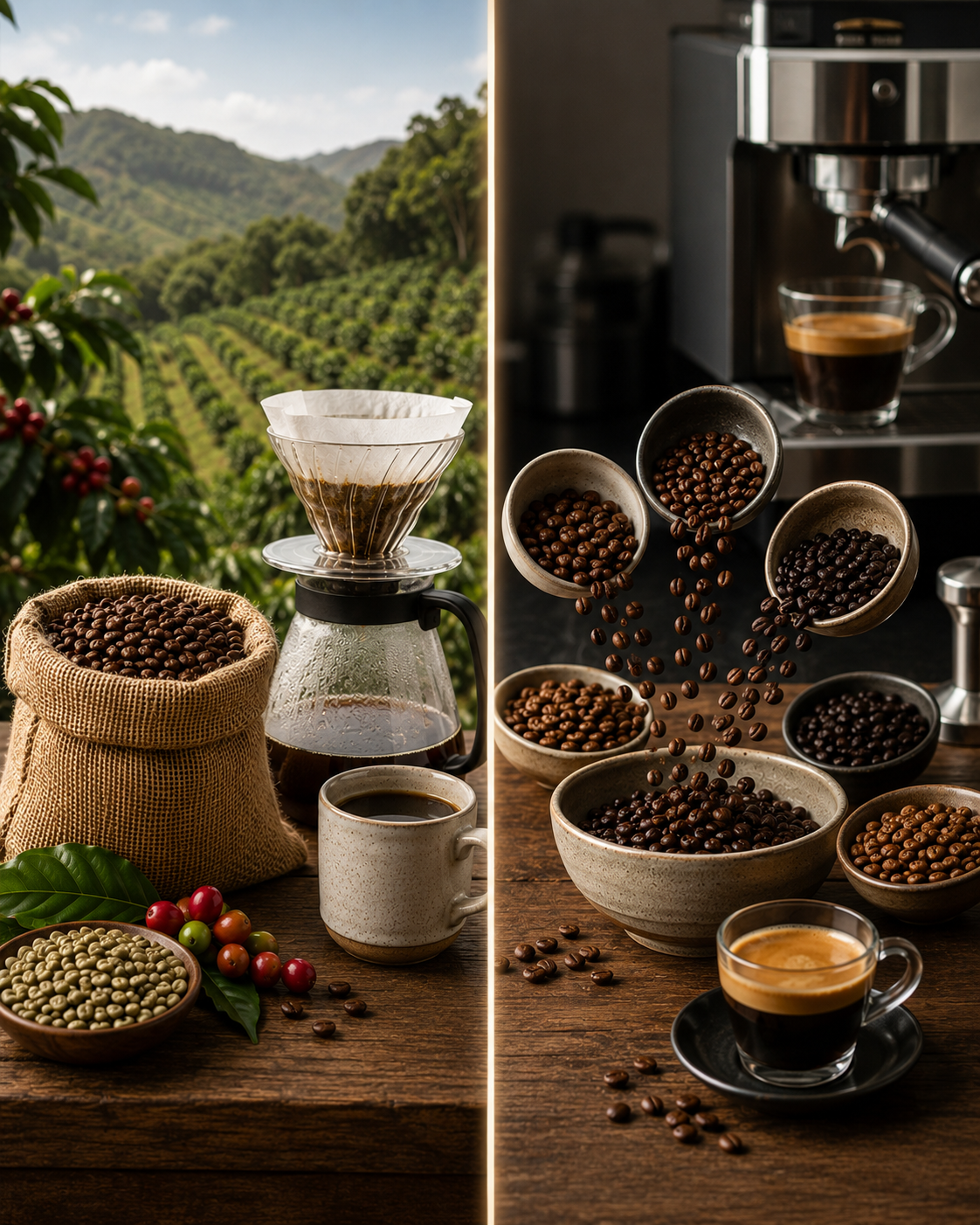 Single Origin ve Blend kahveler arasındaki farkı gösteren karşılaştırma görseli