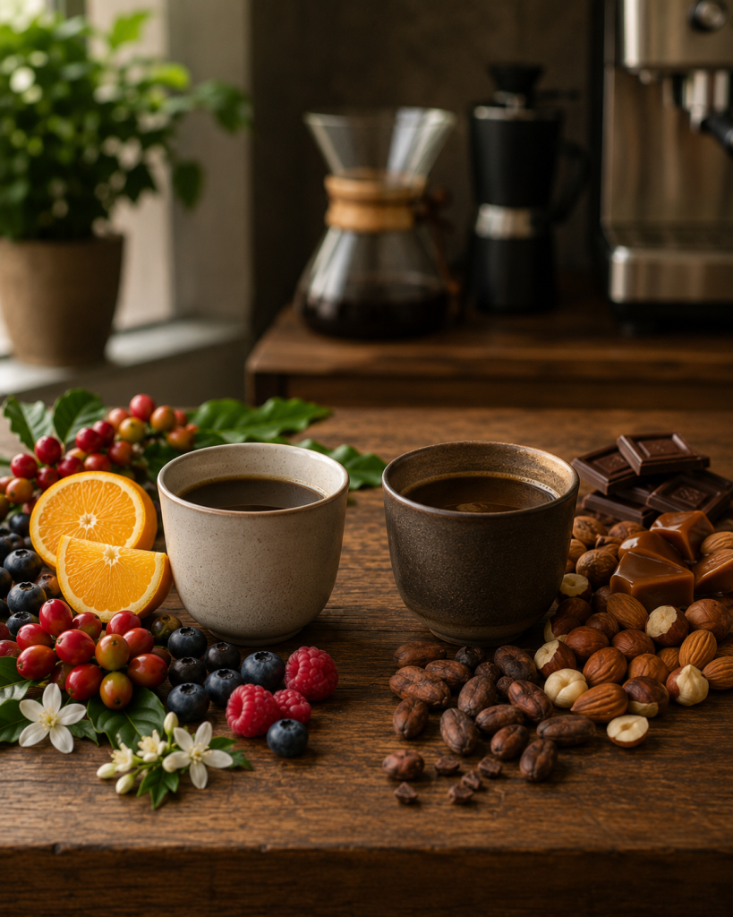 Single Origin ve Blend kahvelerin aroma profillerini temsil eden görsel