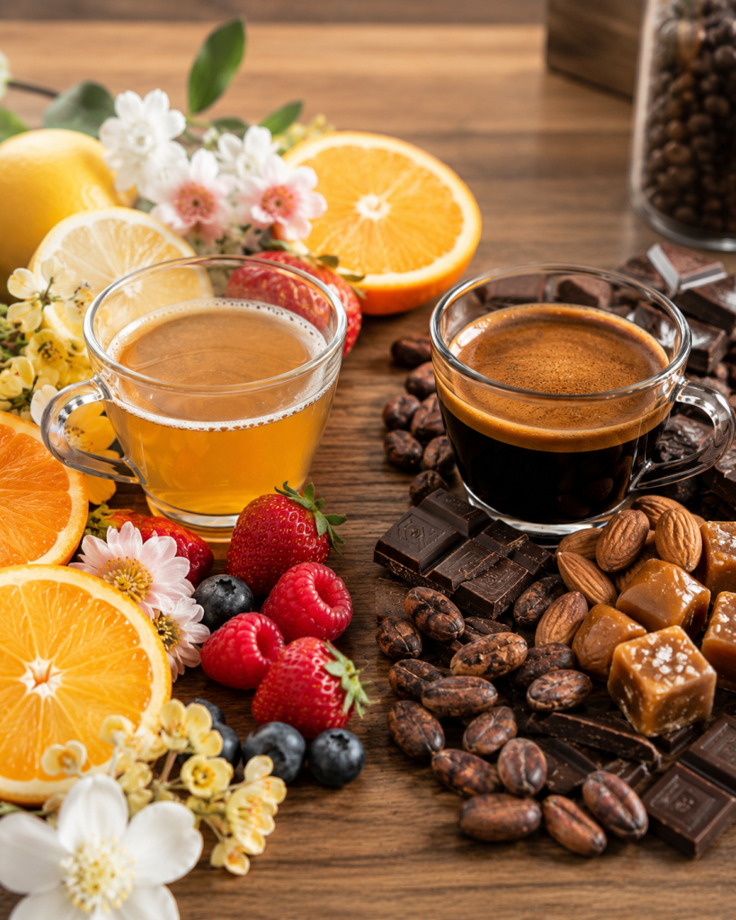 Light roast ve dark roast kahvelerin aroma profillerini temsil eden görsel