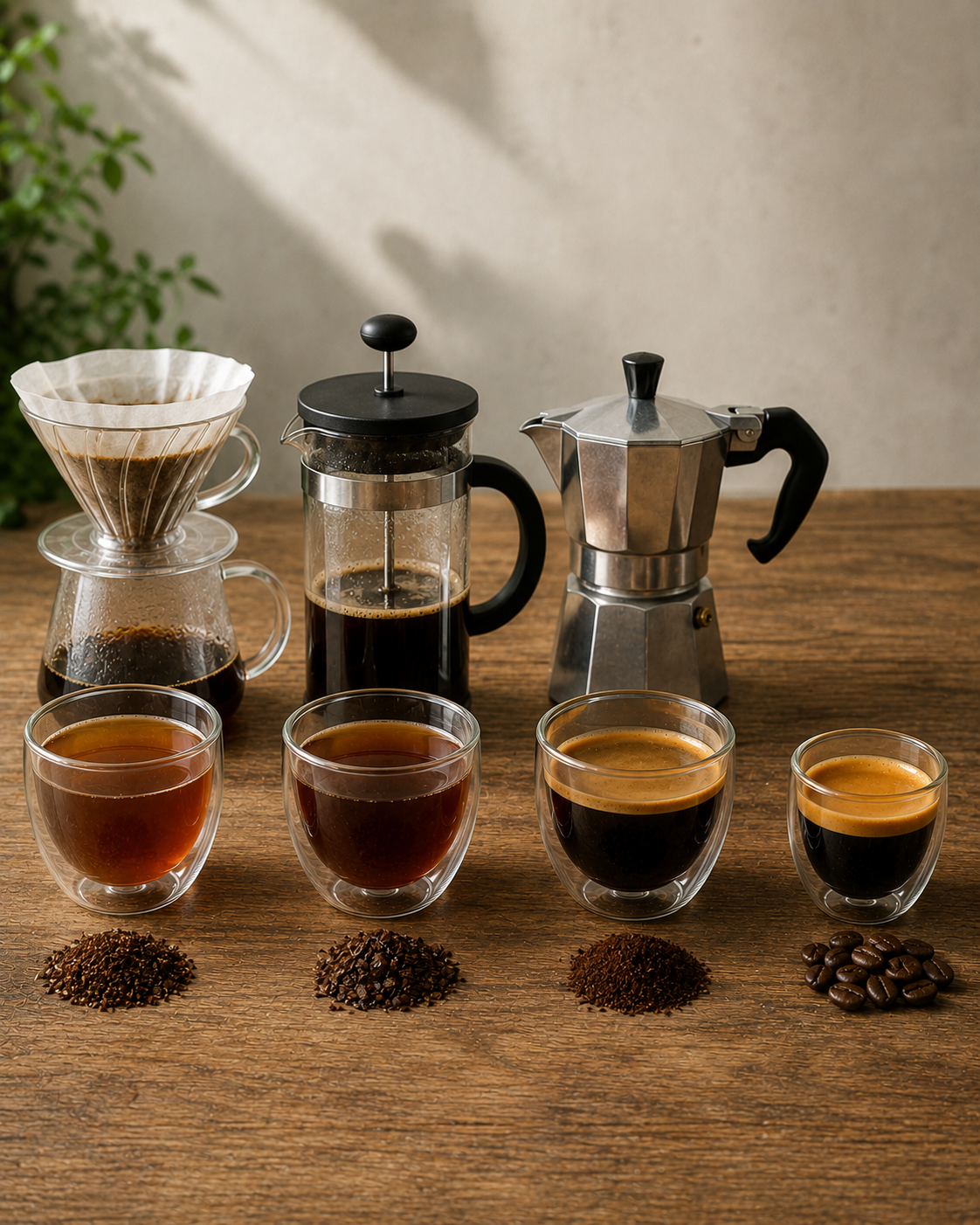 V60 French Press Moka Pot ve espresso gövde karşılaştırması